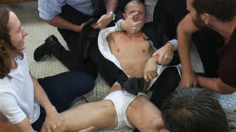 Morgan Black in 'Corporate cunt gets his mouth and ass violated by a mob of horny men.'